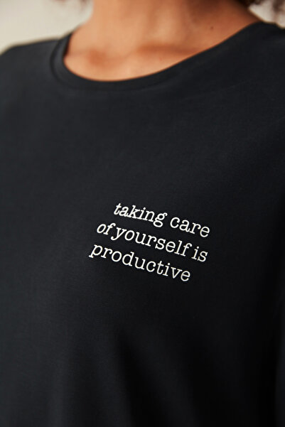 Penti Černé modální tričko volného střihu s potištěným logem