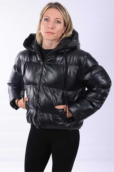 NEVEGE BUTİK Women's Hooded Puffy Short Leather Coat-Black