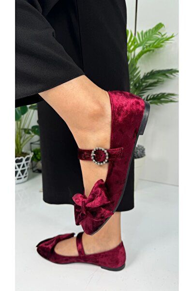İmerShoes Daily Women's Burgundy Velvet Bow Ballerina Flats Single Strap Buckle Oval Toe Shoes 283