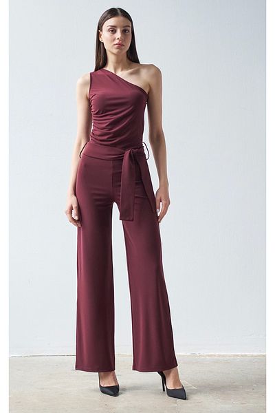 allys Asymmetric One Shoulder Jumpsuit with Side Zipper with String Detail with Belt from Own Fabric
