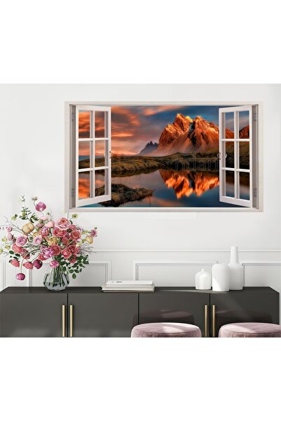 HDART Açılır Pencere Çerçeve Görünümlü Göl Dağ Manzara Kanvas Tablo Tablosu