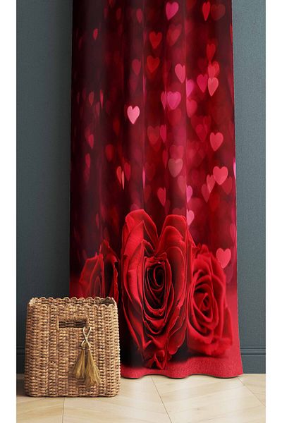 3D ELSE HALI Red Roses Patterned Digital Print Decorative Bedroom Living Room Kitchen Background Curtain