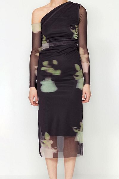 ERSEFA Fashion Fit Stylish Evening Dress Night Tulle Knitted Asymmetric Collar Long Sleeve Bodycone Midi Length Dress