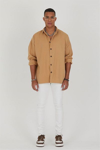 Valiberta Beige Men's Gabardine Oversize Shirt