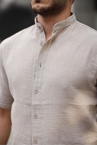 Valiberta Beige Short Sleeve Muslin Shirt - Judge Collar