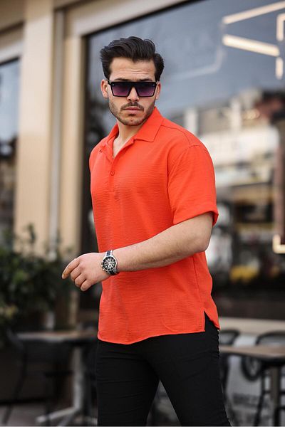 Valiberta Orange Polo Neck Oversize Bamboo Shirt - Half Placket