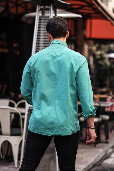 Valiberta Petrol Colored Flam Linen Single Pocket Shirt