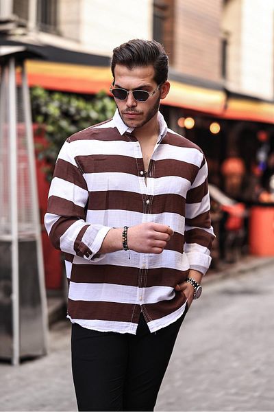 Valiberta Striped Muslin Washable Shirt - Coffee