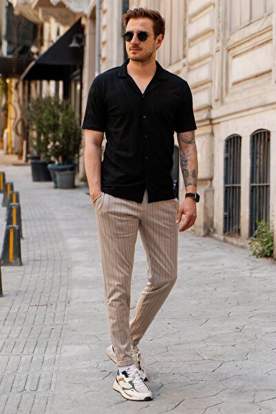 Valiberta Черна мъжка свободна риза с къс ръкав и шарки от жакард