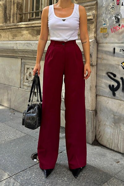 Swist Bordo Hera Beli Lastikli Cepli Palazzo Kadın Pantolon