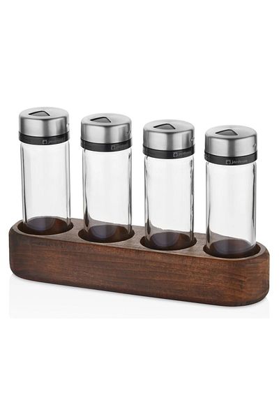 BurcuBilluriye Wenge Tree 4-Piece Salt Shaker & Pepper Shaker & Spice Rack with Stand