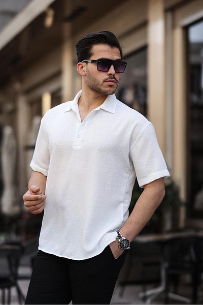 Valiberta White Bamboo Short Sleeve Polo Collar Shirt - Half Placket