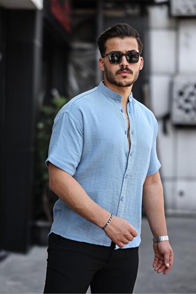 Valiberta Κοντομάνικο πουκάμισο Judge Collar Muslin Fabric - Cold Blue