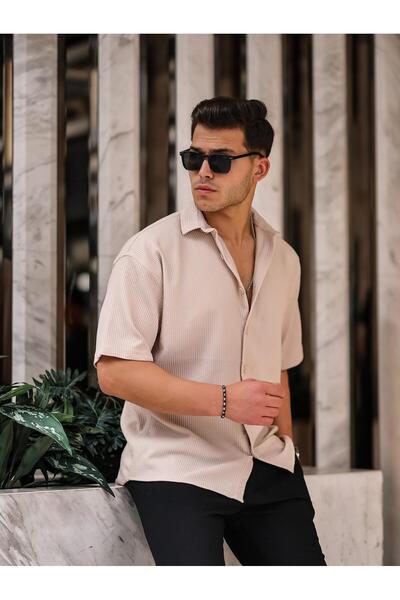 Valiberta Oversize Rahat Fitilli Kısa Kol Erkek Gömlek - Bej