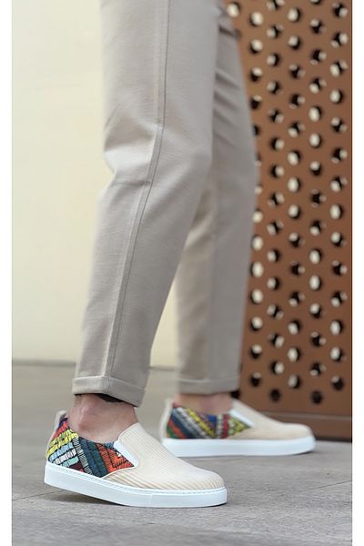 BESKAR BA0339 - Ανδρικά παπούτσια casual λινό, κρεμ χρώμα και λευκή σόλα