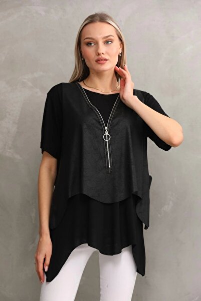 Bİ.GİYSEN Γυναικείο Σετ Μαύρη Μπλούζα Μεγάλου Μεγέθους με Λύκρα Γιλέκο και Κοντό Μανίκι