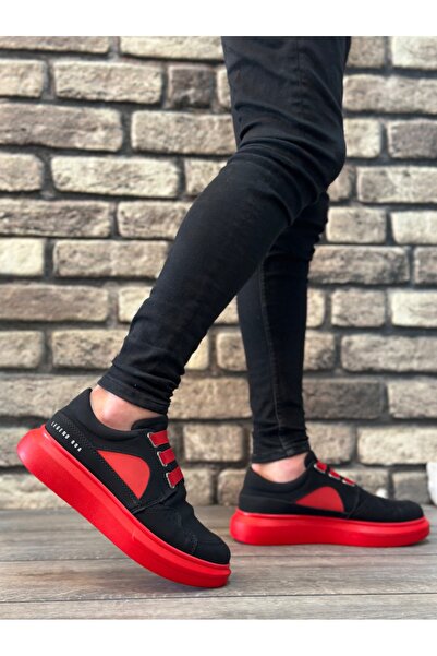 BOA BA0302 Boa - Ανδρικά παπούτσια με μαύρη κόκκινη χοντρή σόλα χωρίς κορδόνια