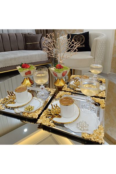 atabey home collection نموذج الورد المعدني المصبوب 2 قطعة صينية القهوة والشاي والعرض
