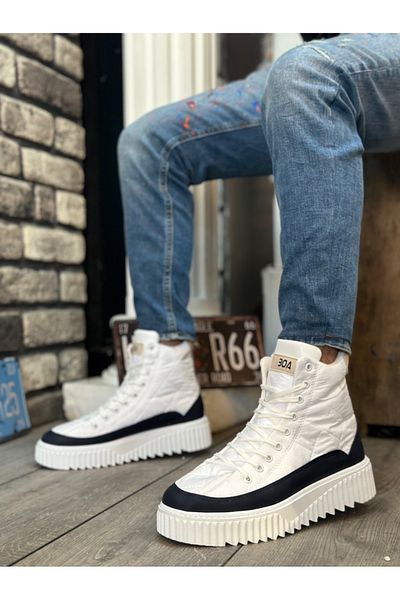 BOA BOA BA0811 - Ανδρικά παπούτσια με ψηλή σόλα Navy Blue με λευκό ύφασμα αλεξίπτωτου και λεπτομέρεια δέρματος