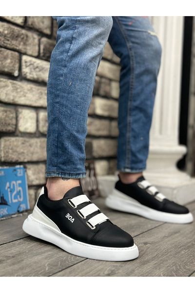 BOA Ba0329 Ανδρικά παπούτσια casual με 3 ρίγες μαύρο λευκό με λεπτομέρεια χοντρή σόλα