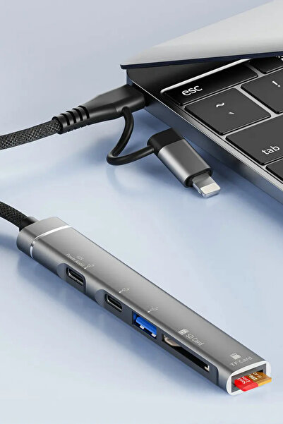 Abbruch 5in2 Type-C+Lightning Dönüştürücü Çoklayıcı Hub PD Typec - USB, SD/TF Kart Okuyucu Macbook Uyumlu