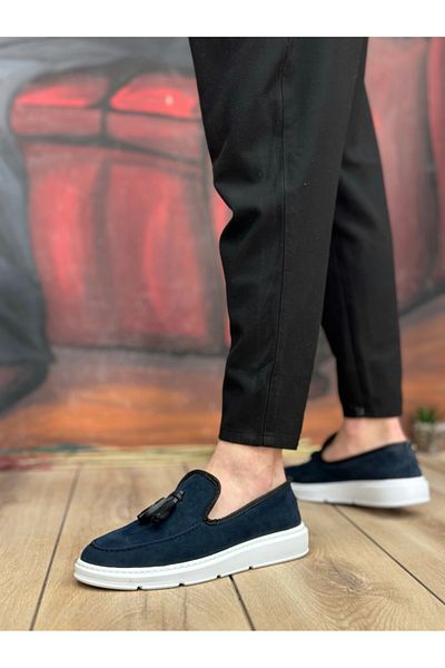BOA Ba0005 Ανδρικά παπούτσια με ψηλή σόλα Navy Blue Suede Corcik - Laceless Classic Tassel Ανδρικά παπούτσια