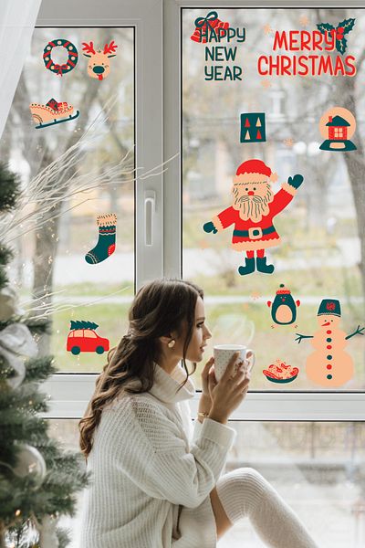 Postifull Set de autocolante de Anul Nou, ornament de Anul Nou de Anul Nou, decor de Anul Nou, autocolant de decorare pentru uși, perete și sticlă