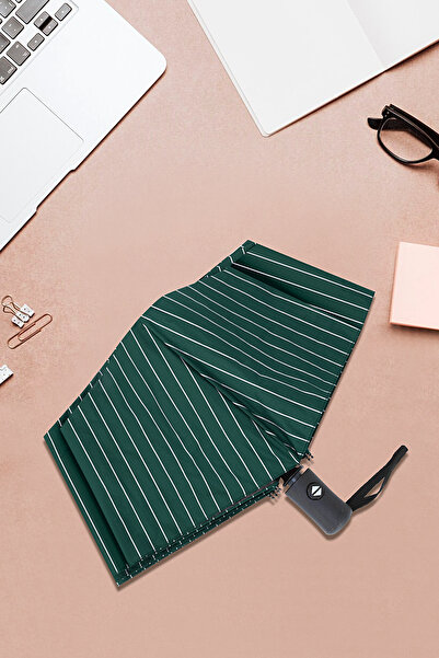 Nilu Moda Tam Otomatik Yeşil Beyaz Çizgili 8 Telli Kaburgalı UV Korumalı Rüzgara Dayanıklı Kırılmaz Şemsiye