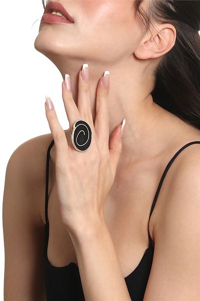 LABALABA Women's Silver Color Lacquer Plated Adjustable Black Enamel Ring