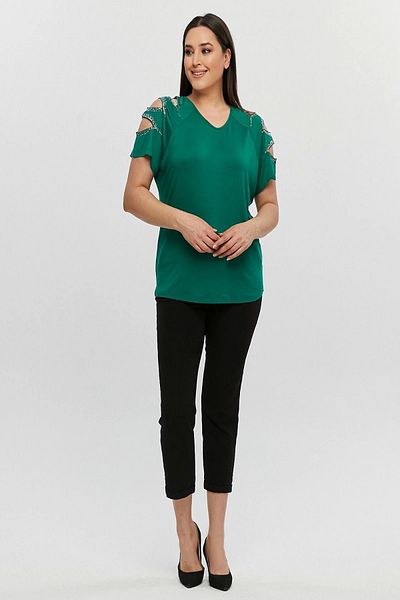 Bİ.GİYSEN Women's Plus Size Green FRONT BACK V-Neck Shoulder Low-cut Sequin Embroidered Lycra Blouse