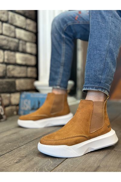 BOA Ba0150 Men's Suede Tan White High Sole Sports Boots - Laceless
