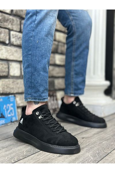 BESKAR BA0331 Ανδρικά μαύρα σουέτ αθλητικά παπούτσια - Ψηλή σόλα, κορδόνια