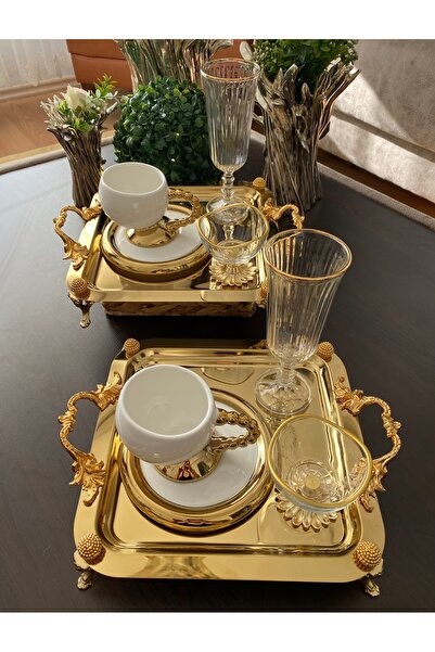 atabey home collection قطعتان من صينية القهوة والشاي والعرض المربعة ذات الساق الذهبية والمقبض الفاخر