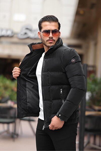 PRİFALDİ Men's Stand Collar Puffer Black Coat