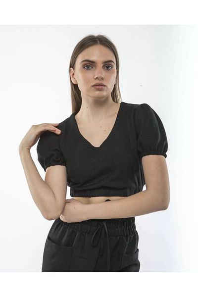 REKA MODA Black Linen Crop Pants and Women's Crop Set