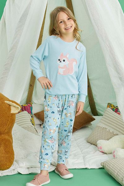 İYİBU Girl's Turquoise Squirrel Patterned Thermal Pajama Set – Soft and Warm Winter Set
