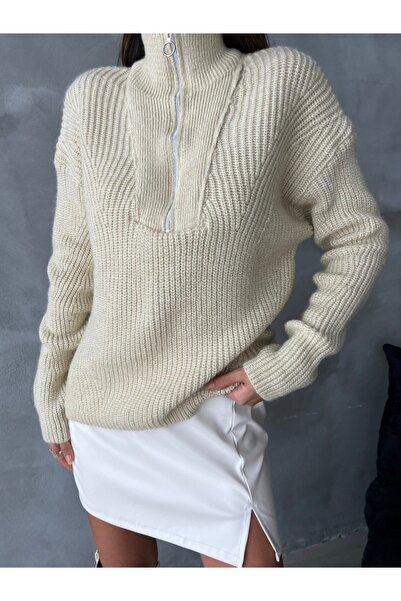 HZL Yakası Fermuarlı Örgü Kazak