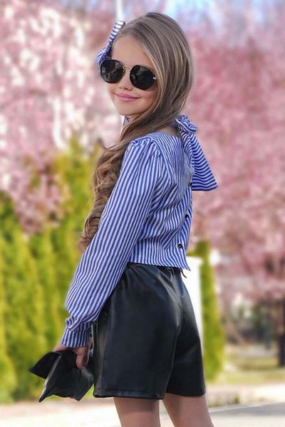 Riccotarz Set de pantaloni scurți din piele bluză albastră cu dungi pentru fete