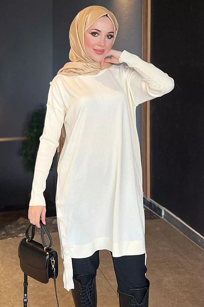 julude Ecru Button Detailed Hijab Knitwear Tunik