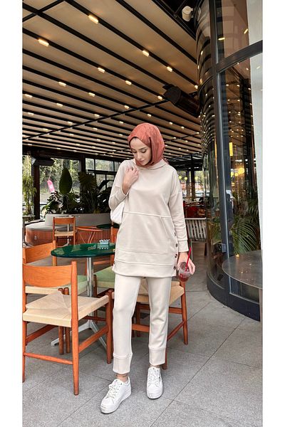 Tesettür Diyarı Women's Hooded Button Detailed Scuba Pants Set - Cream