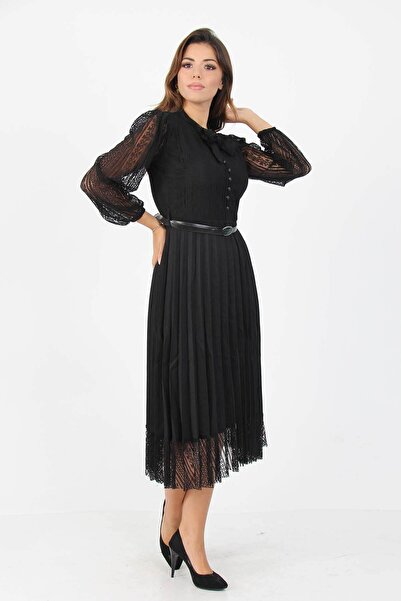 Dipmoda kadın kemerli yakası bağlama detaylı piliseli düğme detaylı çan elbis...