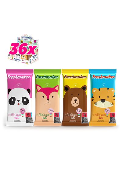 Freshmaker Kids 15 Pieces X 36 Pieces Box with Wet Pocket Wipes