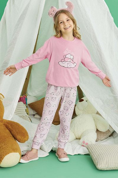 Aydoğan Girl's Pink Thermal Long Sleeve Pajama Set – Warm and Soft Winter Set