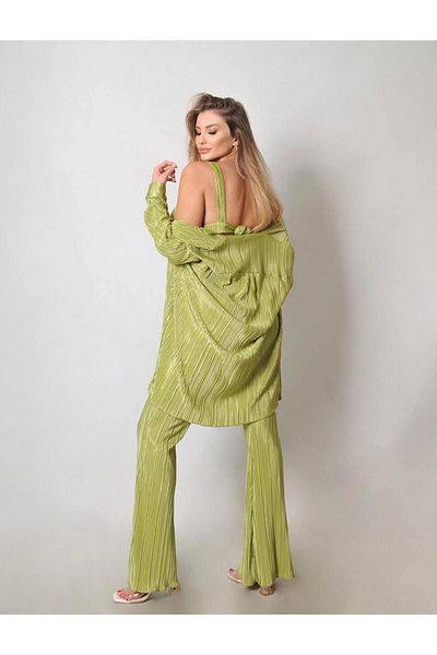 ByRanaBuyuk Green 3-Piece Pleat Set