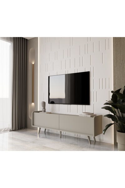 enwood RİGEL KUM TAŞI RENGİ MDF 2 KAPAKLI (DÜŞME KAPAK) AHŞAP AYAKLI 180 CM COUNTRY TV ÜNİTESİ