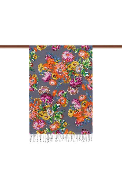 ipekevi Patterned Silk Shawl - Chrysanthemum Pattern - Gray