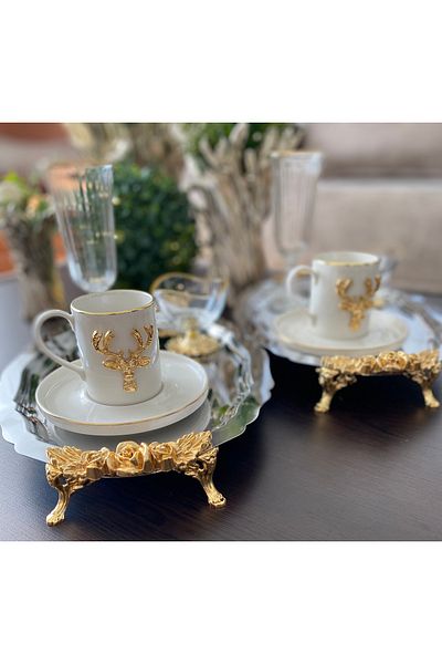 atabey home collection صينية تقديم القهوة والشاي والشاي 6 قطع بأرجل بيضاوية مع وردة مصبوبة 32 سم