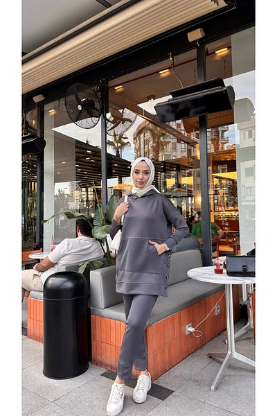 Tesettür Diyarı Anthracite Hooded and Button Detailed Scuba Women's Trousers Set