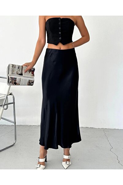 Selence Black Satin Midi Skirt - Elastic Waist