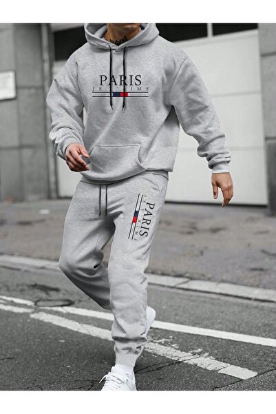 PAVRO Paris Je Tai̇me Printed Tracksuit Set Sweatshirt Jogger - Oversize Hooded